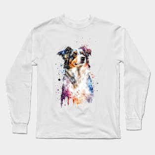 Rainbow Miniature American Shepherd Watercolor Art Long Sleeve T-Shirt